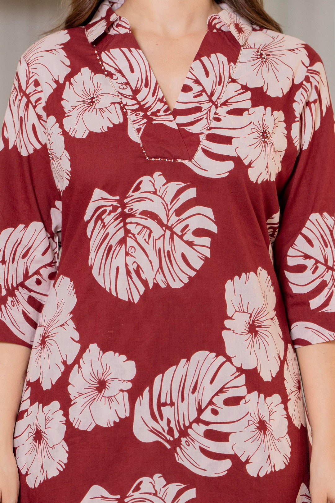 Women Maroon Pure Cotton Floral Printed Top With Trouser Co-Ord Set