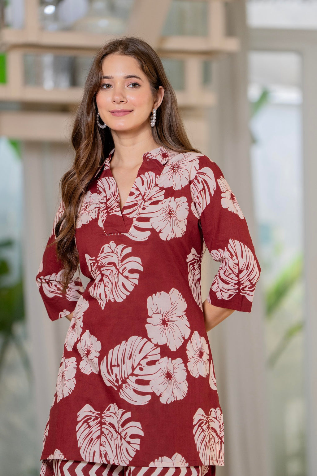 Women Maroon Pure Cotton Floral Printed Top With Trouser Co-Ord Set