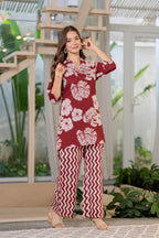 Women Maroon Pure Cotton Floral Printed Top With Trouser Co-Ord Set
