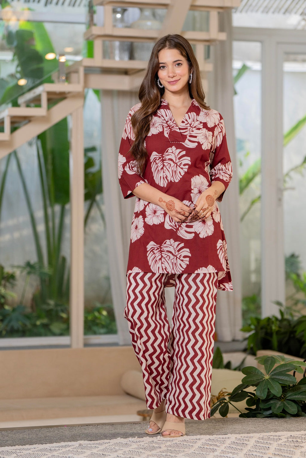 Women Maroon Pure Cotton Floral Printed Top With Trouser Co-Ord Set