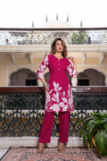 Women’s Pink Floral Printed Pure Cotton Notch Neck Tunic & Trouser Co-Ord Set