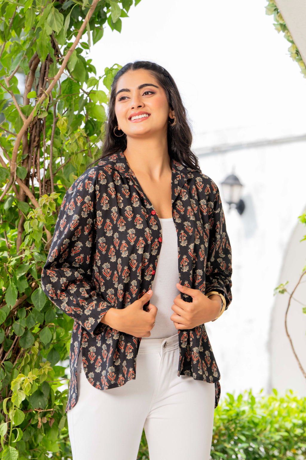 Women’s Black Floral Printed Classic Cotton Casual Shirt