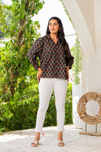 Women’s Black Floral Printed Classic Cotton Casual Shirt