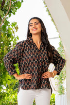 Women’s Black Floral Printed Classic Cotton Casual Shirt