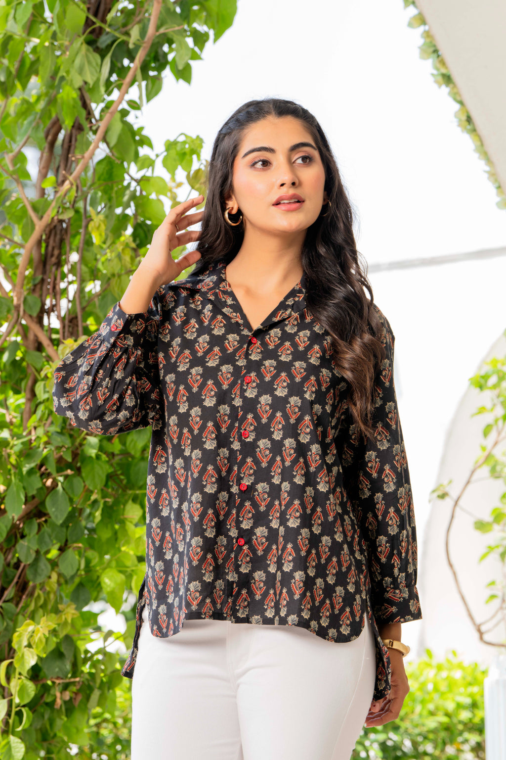 Women’s Black Floral Printed Classic Cotton Casual Shirt