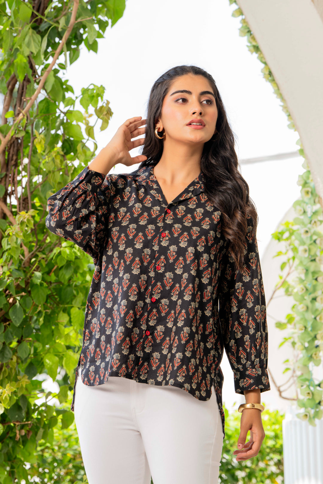 Women’s Black Floral Printed Classic Cotton Casual Shirt