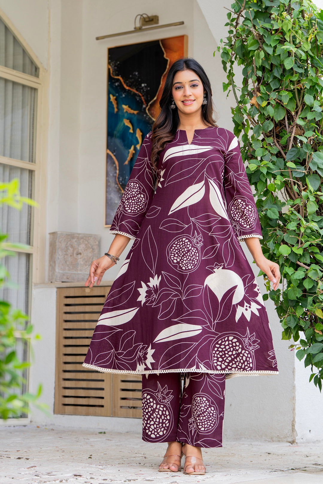 Stylish Maroon Floral Print Kurta with Pant Set