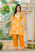 Mustard Yellow Printed Kurta Pant Set with Mirror Work | Cotton Blend Ethnic Co-Ord Set