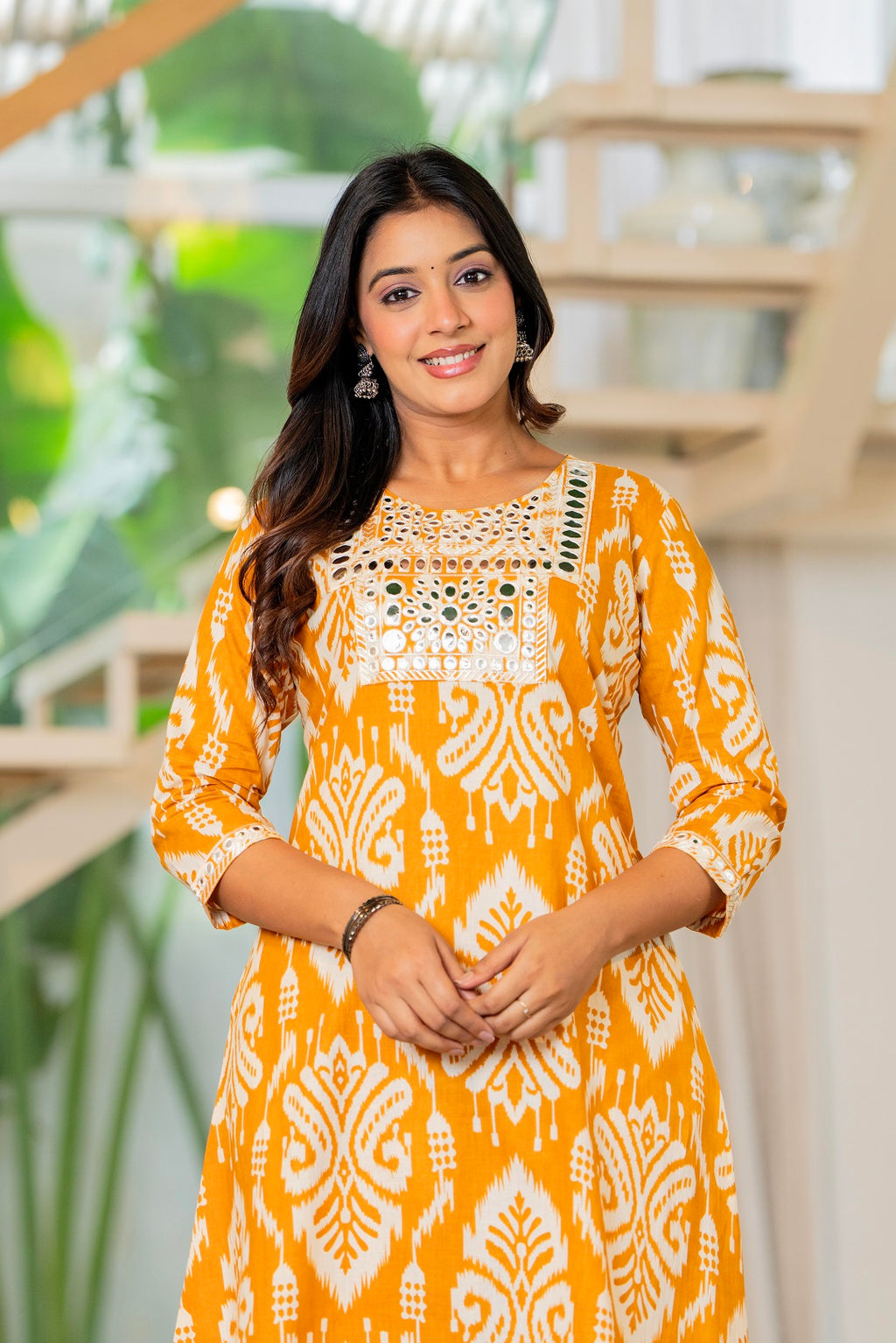 Mustard Yellow Printed Kurta Pant Set with Mirror Work | Cotton Blend Ethnic Co-Ord Set
