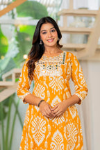 Mustard Yellow Printed Kurta Pant Set with Mirror Work | Cotton Blend Ethnic Co-Ord Set