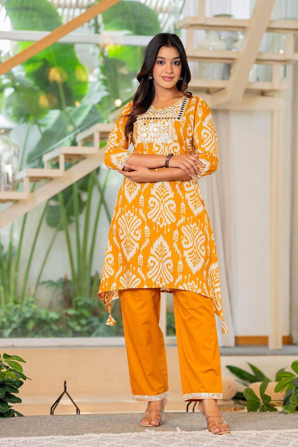 Mustard Yellow Printed Kurta Pant Set with Mirror Work | Cotton Blend Ethnic Co-Ord Set