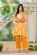Mustard Yellow Printed Kurta Pant Set with Mirror Work | Cotton Blend Ethnic Co-Ord Set