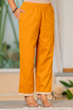 Mustard Yellow Printed Kurta Pant Set with Mirror Work | Cotton Blend Ethnic Co-Ord Set