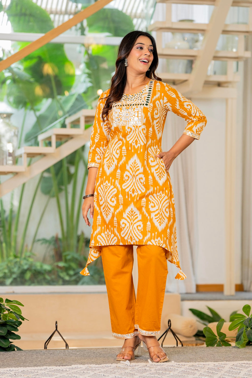 Mustard Yellow Printed Kurta Pant Set with Mirror Work | Cotton Blend Ethnic Co-Ord Set