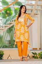 Mustard Yellow Printed Kurta Pant Set with Mirror Work | Cotton Blend Ethnic Co-Ord Set