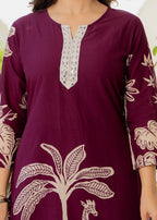 Women Ethnic Motifs Printed Regular Thread Work Pure Cotton Kurta with Trousers