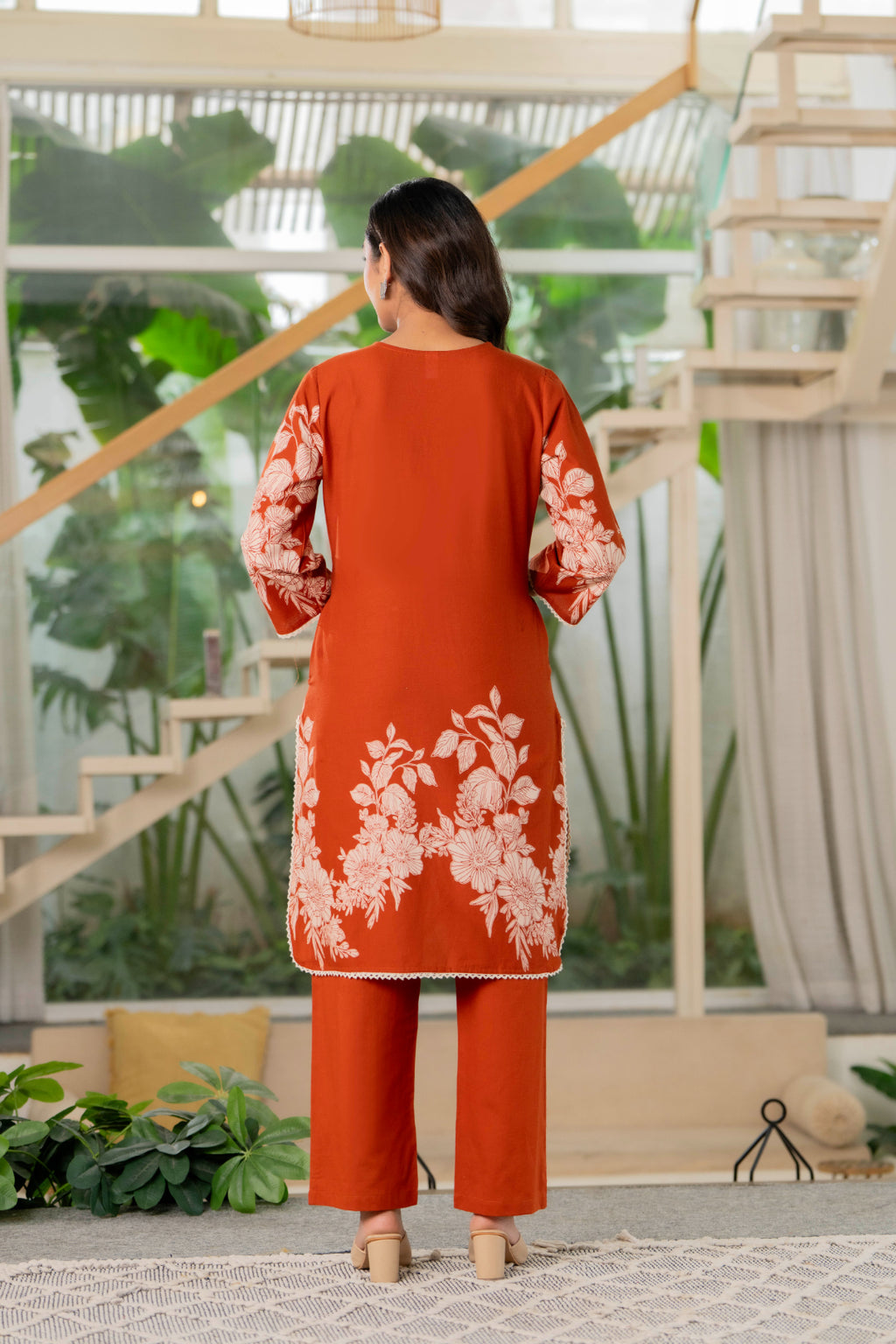 Rust Orange Tone Floral Cotton Kurta Set