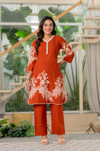 Rust Orange Tone Floral Cotton Kurta Set