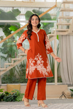 Rust Orange Tone Floral Cotton Kurta Set