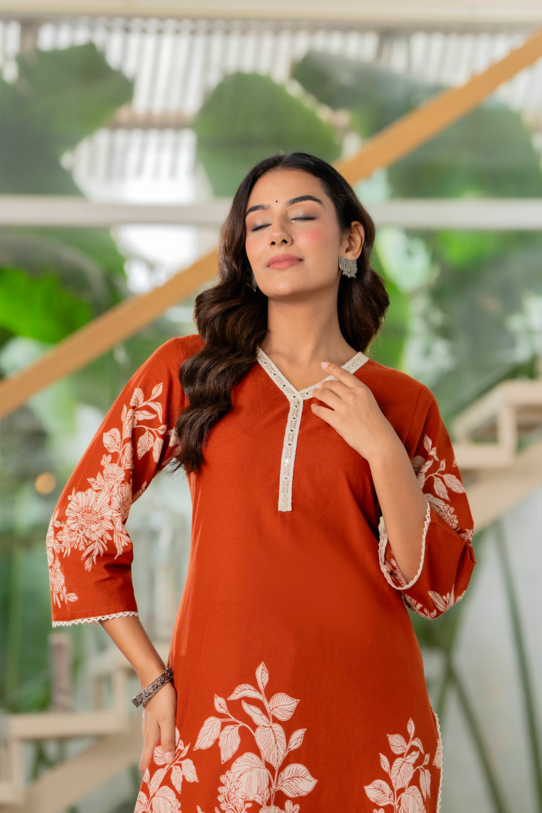 Rust Orange Tone Floral Cotton Kurta Set
