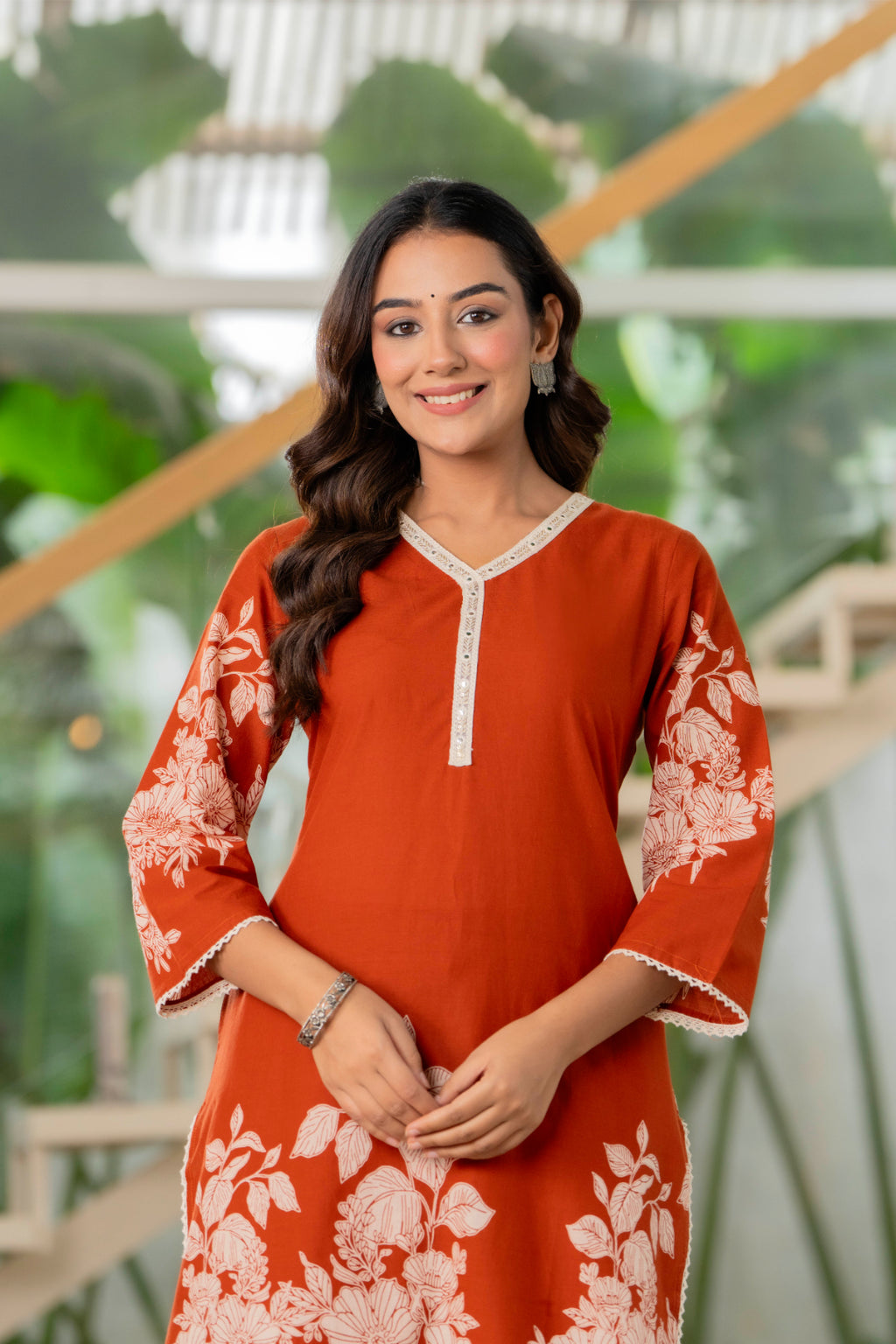 Rust Orange Tone Floral Cotton Kurta Set