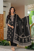 Women’s Black & Beige Printed Pure Cotton Kurta with Trousers & Dupatta