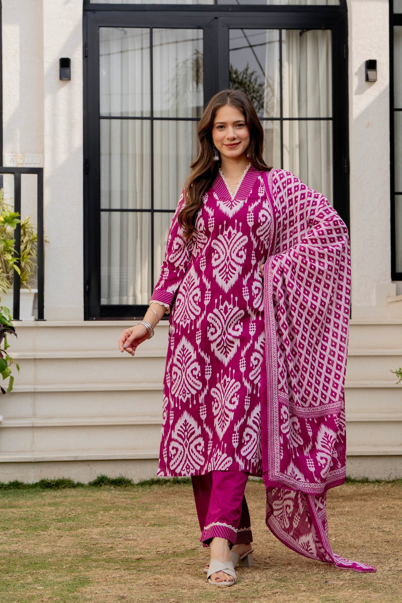 Magenta Ethnic Printed Kurta Set with Dupatta