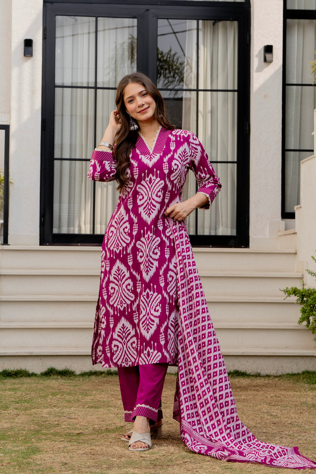 Magenta Ethnic Printed Kurta Set with Dupatta