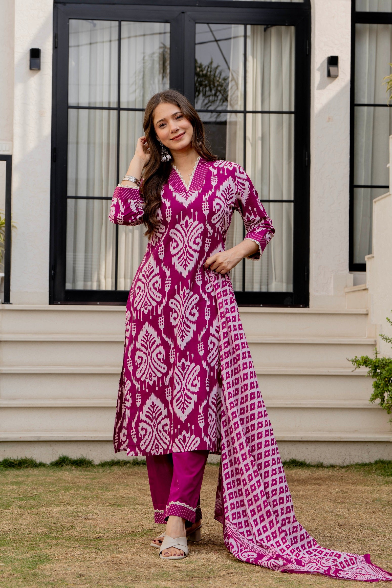 Magenta Ethnic Printed Kurta Set with Dupatta