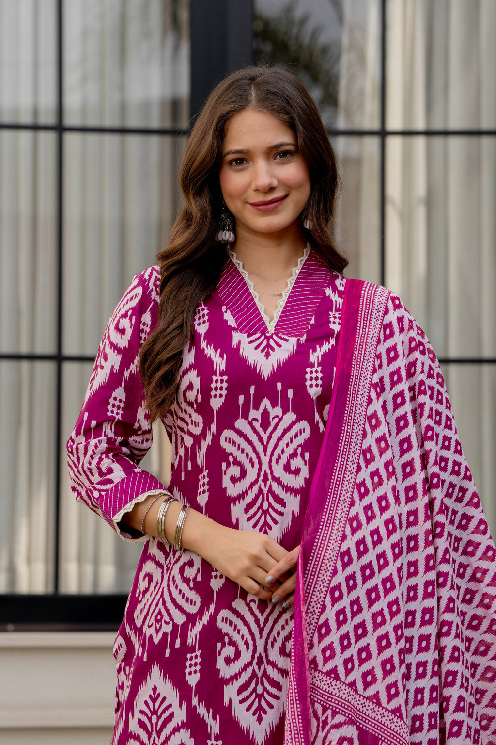 Magenta Ethnic Printed Kurta Set with Dupatta