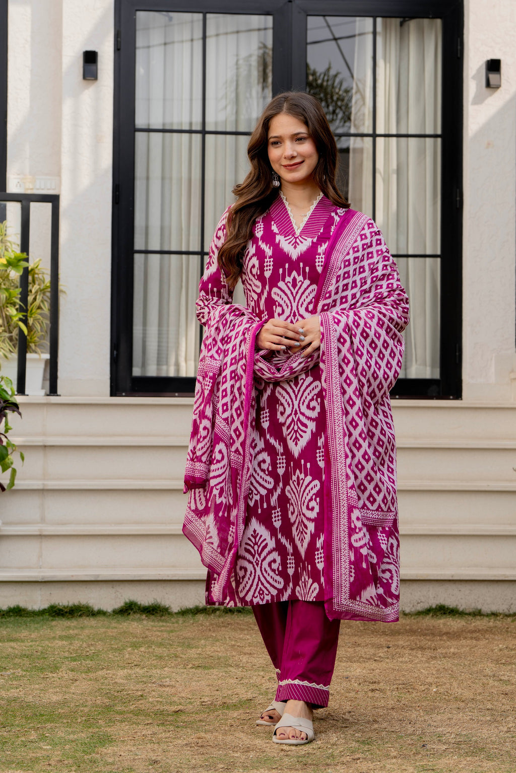 Magenta Ethnic Printed Kurta Set with Dupatta