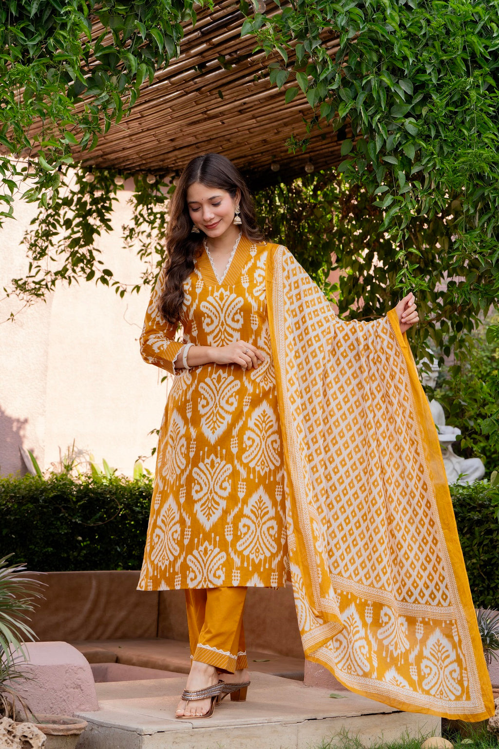 Premium Mustard Yellow Ikat Style Printed Cotton Suit Set