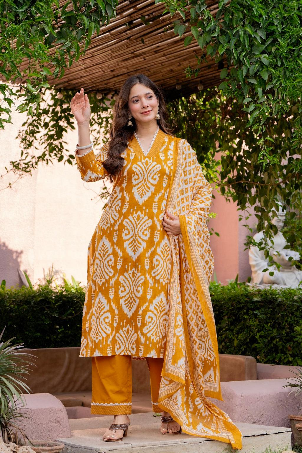 Premium Mustard Yellow Ikat Style Printed Cotton Suit Set
