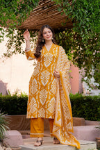 Mustard Yellow Ikat Print Kurta Pant Dupatta Set for Women
