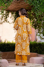 Premium Mustard Yellow Ikat Style Printed Cotton Suit Set