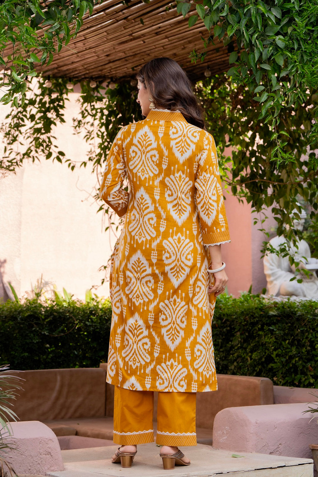 Mustard Yellow Ikat Print Kurta Pant Dupatta Set for Women