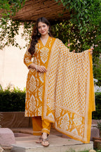 Mustard Yellow Ikat Print Kurta Pant Dupatta Set for Women
