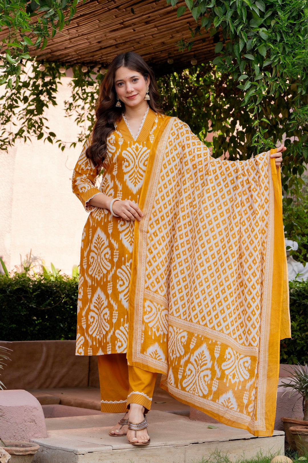 Mustard Yellow Ikat Print Kurta Pant Dupatta Set for Women