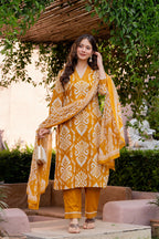 Premium Mustard Yellow Ikat Style Printed Cotton Suit Set