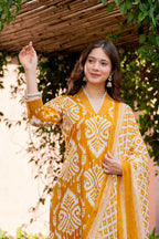 Premium Mustard Yellow Ikat Style Printed Cotton Suit Set