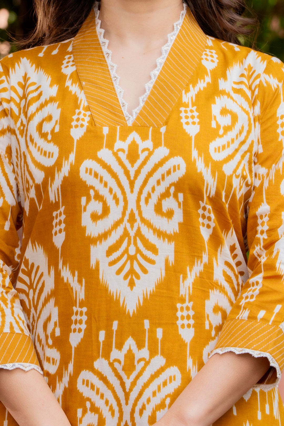 Premium Mustard Yellow Ikat Style Printed Cotton Suit Set