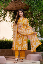 Premium Mustard Yellow Ikat Style Printed Cotton Suit Set