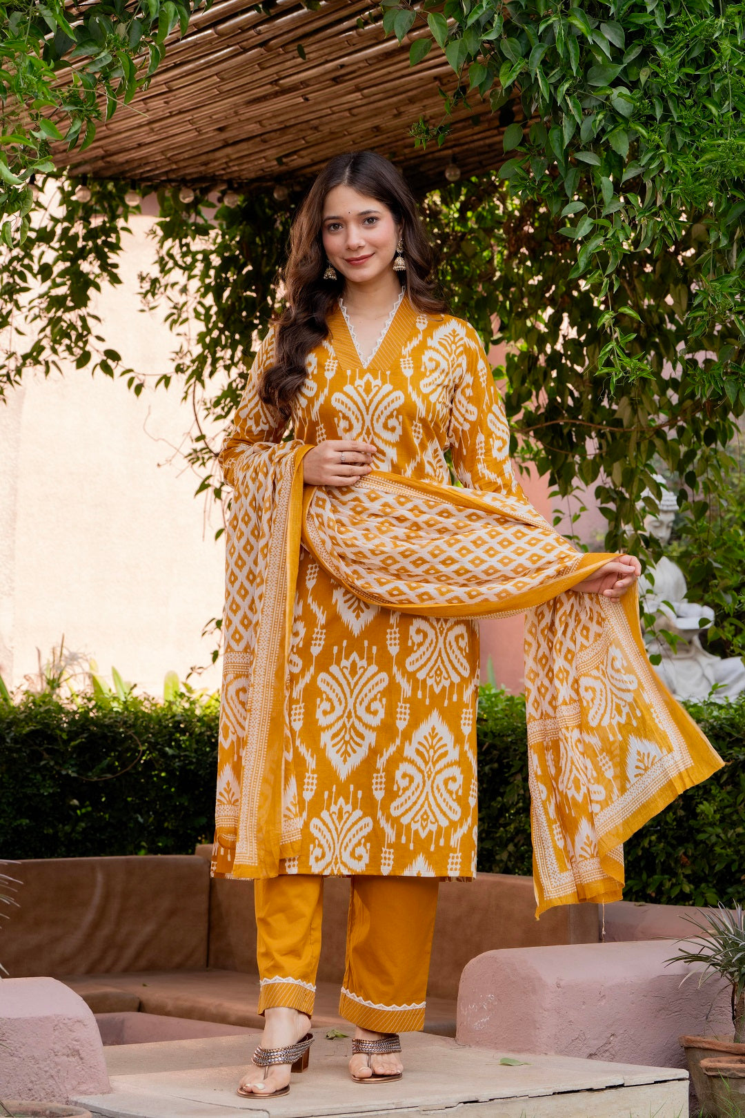 Premium Mustard Yellow Ikat Style Printed Cotton Suit Set