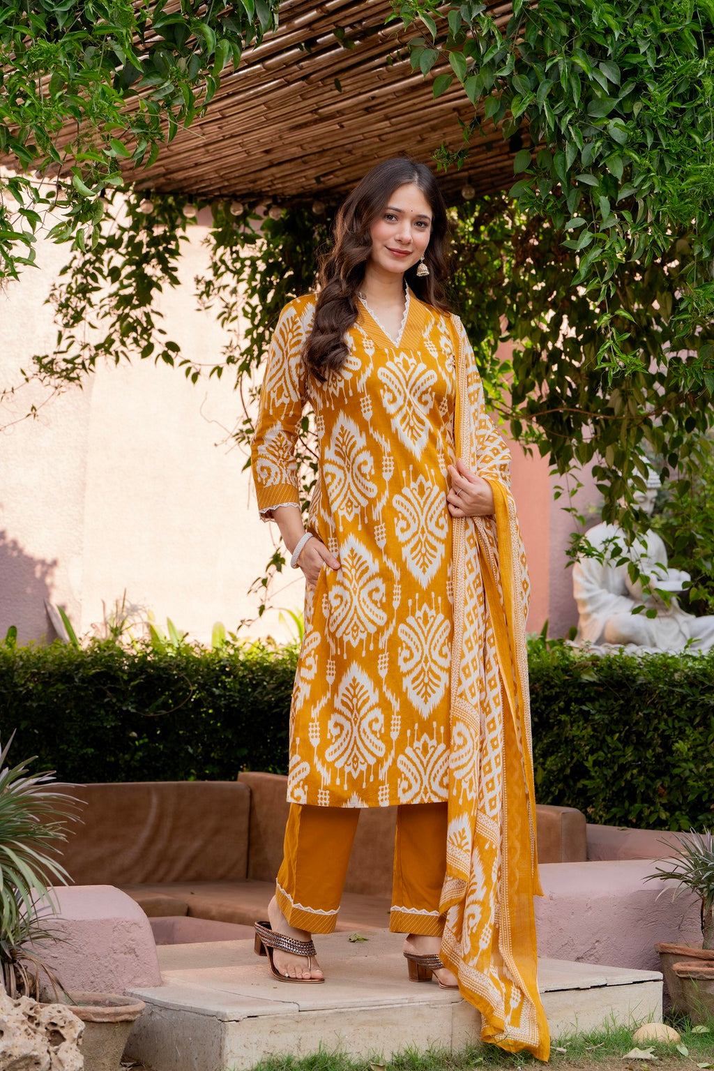 Premium Mustard Yellow Ikat Style Printed Cotton Suit Set