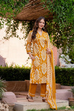 Premium Mustard Yellow Ikat Style Printed Cotton Suit Set