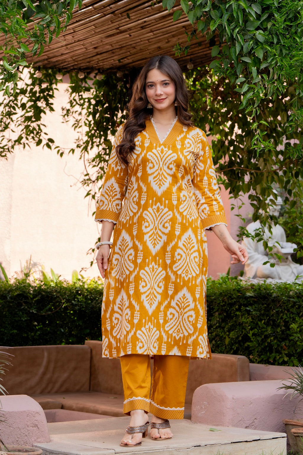Premium Mustard Yellow Ikat Style Printed Cotton Suit Set