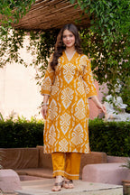 Mustard Yellow Ikat Print Kurta Pant Dupatta Set for Women