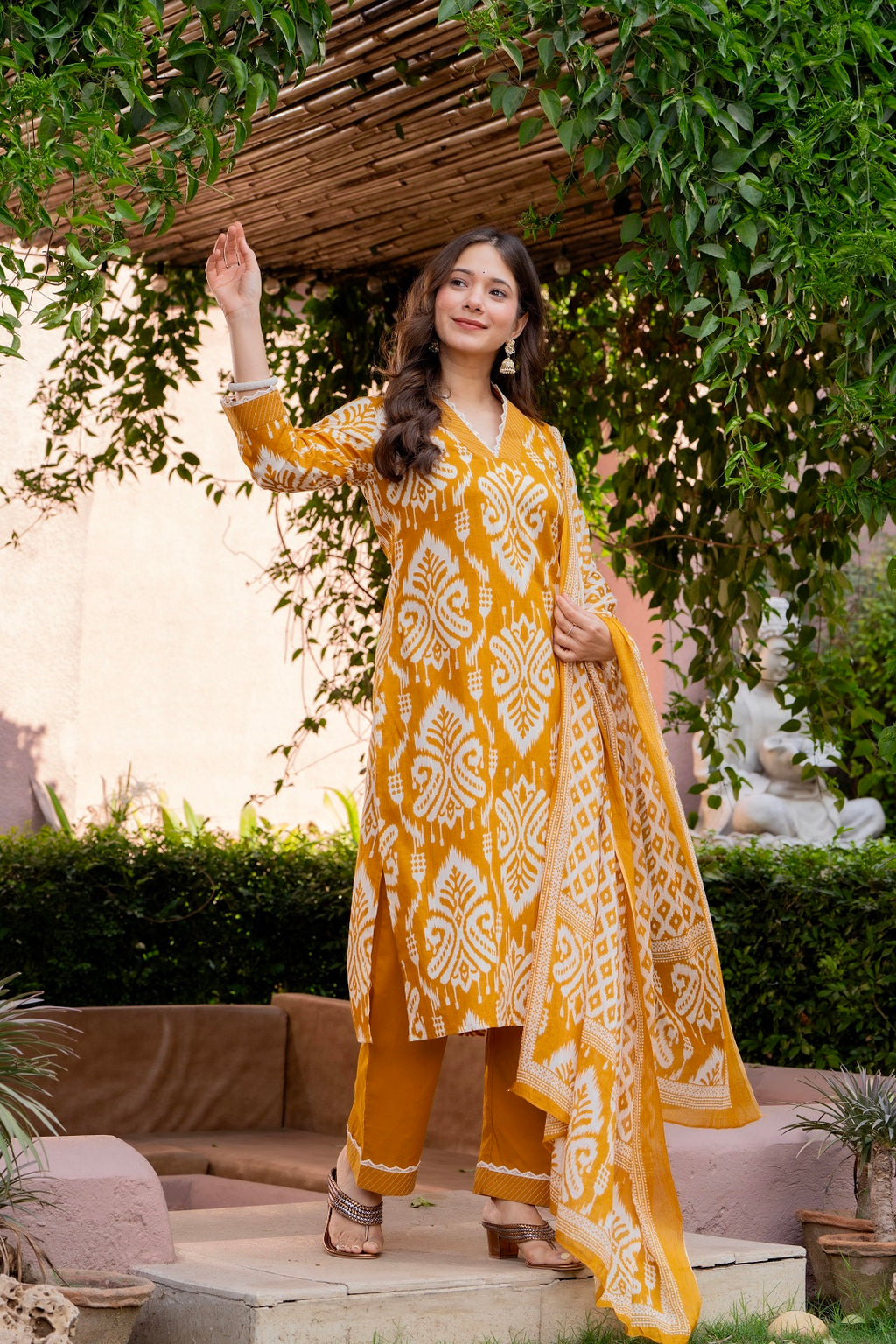 Mustard Yellow Ikat Print Kurta Pant Dupatta Set for Women