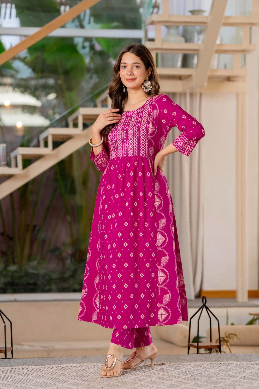 Jaipur Sarai Magenta Pink Cotton Kurta Set With Traditional Prints