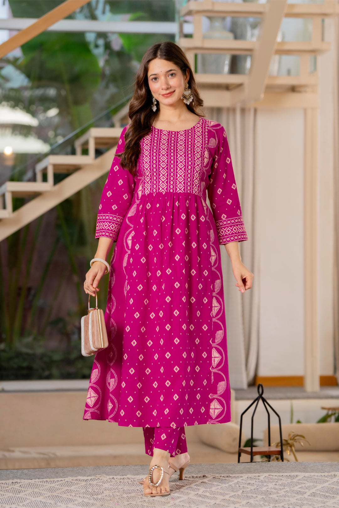 Jaipur Sarai Magenta Pink Cotton Kurta Set With Traditional Prints